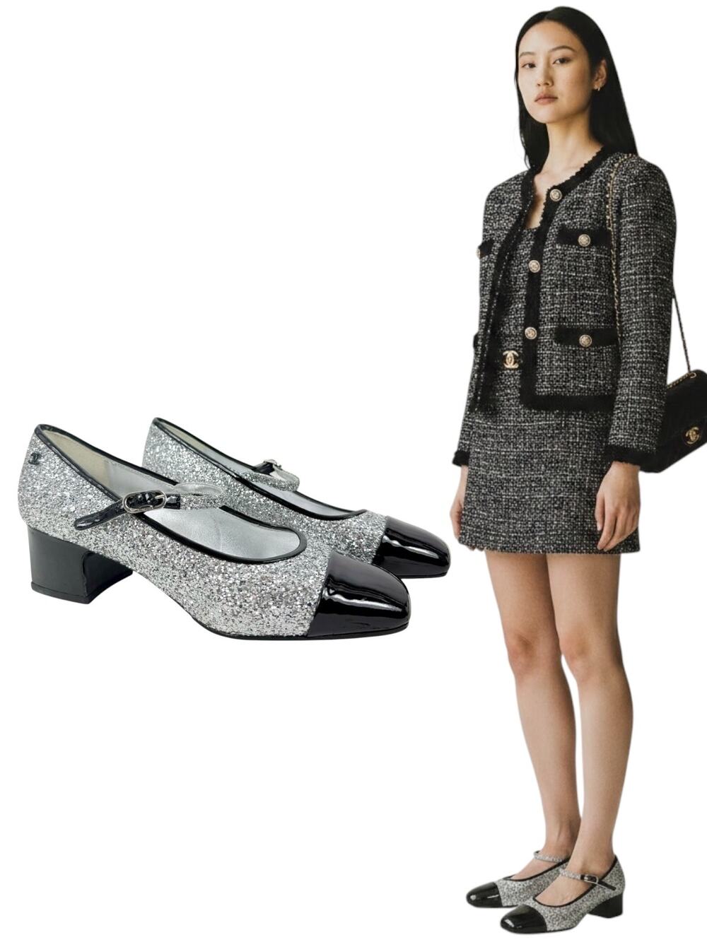 Chanel Glitter Patent Leather Cap Toe Mary Jane Pumps Silver Size 39.5